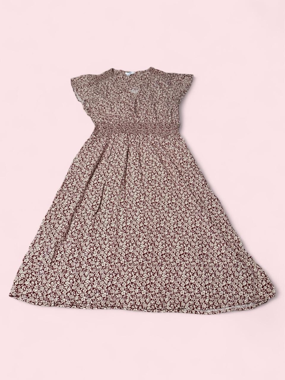 Time and Tru Burgundy Floral Midi Dress with Cream Print